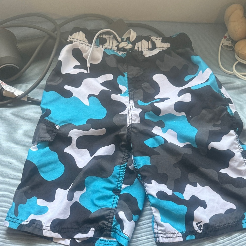 Kanu Surf Kids Swim Trunks - Teal, Black, and White Camo
